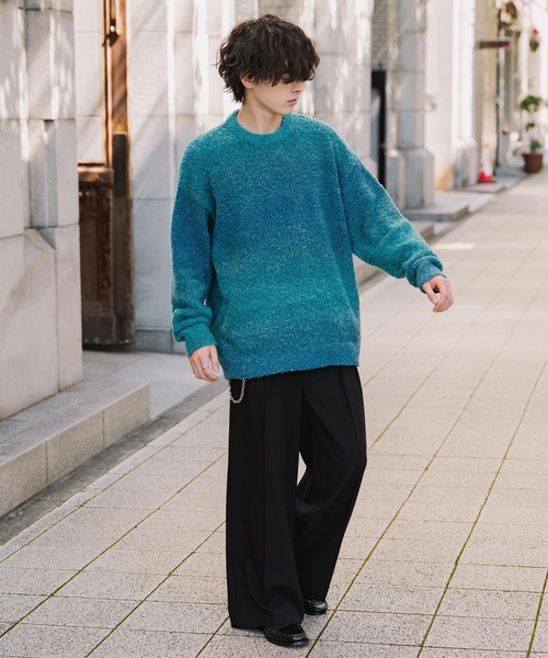 Rocky Monroe(ロッキーモンロー)の「オーバーサイズ ウール混ブークレー段染めグラデーションボーダー柄クルーニットセーター(ニット/セーター・メンズ・マスタード/オレンジ/ブルー/ブラウン/パープル/ナチュラル/レッド/ブラック・M/L)」の22枚目の写真