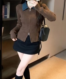 デニム襟バイカラー リブニットジップカーディガン