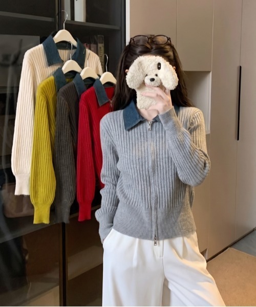LUCPY(ラクピー)の「デニム襟バイカラー リブニットジップカーディガン(カーディガン/ボレロ・レディース・イエロー/グレー/ホワイト/ブラウン/レッド・FREE)」の6枚目の写真