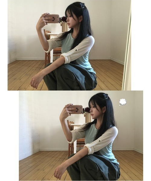 anyonemore(エニワンモア)の「チェック柄ボタンロールアップ配色ラグラン長袖Tシャツ(Tシャツ/カットソー・レディース・ネイビー/ミント・FREE)」の7枚目の写真