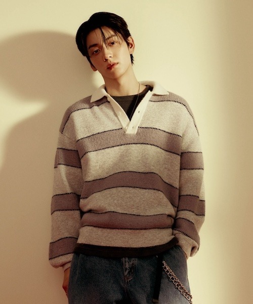 COVERNAT（カバーナット）の「[SOOBIN着用] STRIPE COLLAR KNIT（ニット/セーター・メンズ・ブラウン/ブルー・SMALL/MEDIUM/LARGE/X-LARGE）」の2枚目の写真