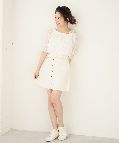 one after another NICE CLAUP（ワンアフターアナザーナイスクラップ）の「【ナイスクラップ】前釦リボンスカート（スカート・レディース・オフホワイト/ブルー/インディゴブルー/チェック・FREE）」の19枚目の写真
