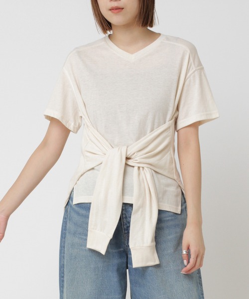 RNA-N(アールエヌエーエヌ)の「M0393 T/Cウエストむすびカットソー(Tシャツ/カットソー・レディース・レッド/スミクロ/オフホワイト・MEDIUM)」の1枚目の写真