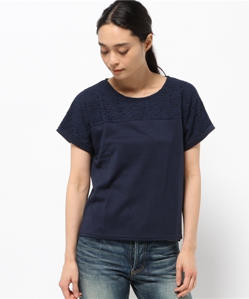 earth music&ecology(アースミュージックアンドエコロジー)の「レース切替カットプルオーバー(Tシャツ/カットソー・レディース・ライトグレー/ピンク/オフホワイト/ネイビー・FREE)」の4枚目の写真
