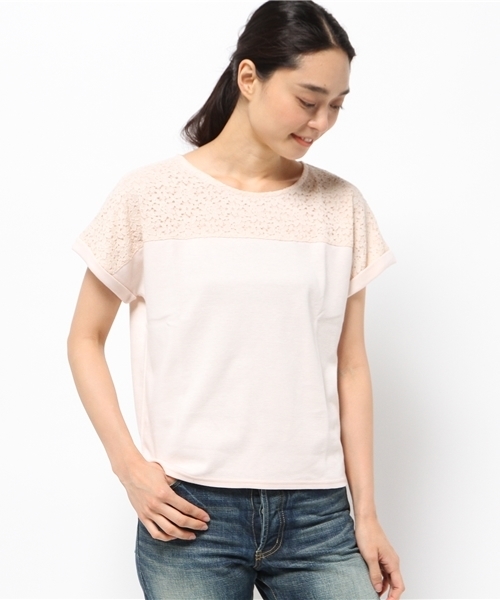 earth music&ecology(アースミュージックアンドエコロジー)の「レース切替カットプルオーバー(Tシャツ/カットソー・レディース・ライトグレー/ピンク/オフホワイト/ネイビー・FREE)」の1枚目の写真