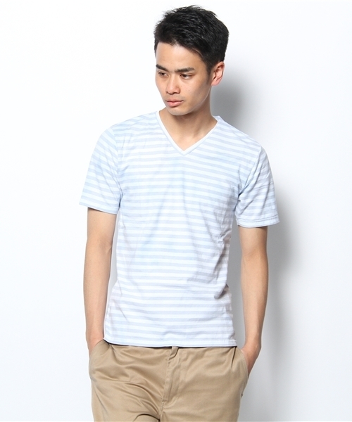 CUSTOM CULTURE(カスタムカルチャー)の「ビン染め ボーダーTEE(Tシャツ/カットソー・メンズ・サックスブルー/チャコールグレー/ブラック/ブルー/ライトピンク・3/2)」の1枚目の写真