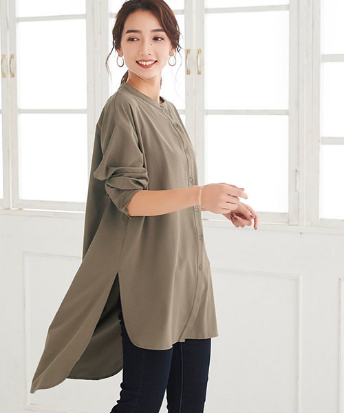 Pierrot（ピエロ）の「【手洗い可】バンドカラー(ノーカラー)チュニックブラウス（シャツ/ブラウス・レディース・オフホワイト/モカ/ブラウン系その他/アイボリー/ベージュ・M/L）」の3枚目の写真