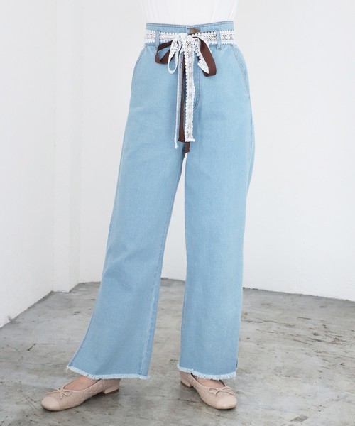 one after another NICE CLAUP（ワンアフターアナザーナイスクラップ）の「【身長別】ウエストリボンデニムワイドパンツ（デニムパンツ・レディース・アイボリー/ブルー/ネイビー・SMALL/MEDIUM/SS）」の3枚目の写真