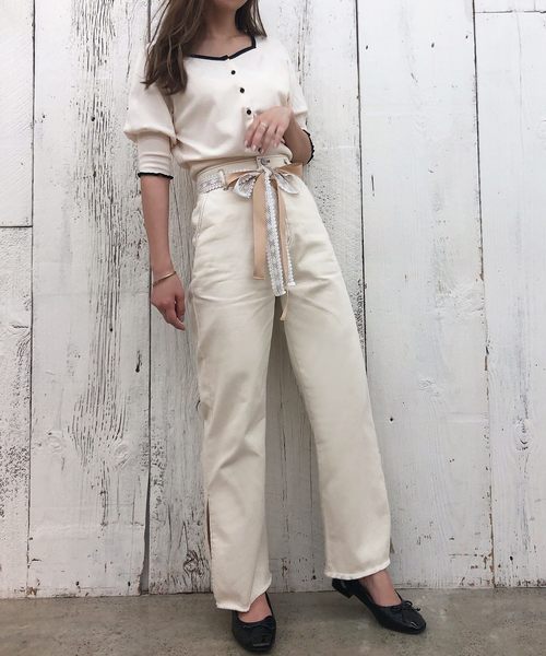 one after another NICE CLAUP（ワンアフターアナザーナイスクラップ）の「【身長別】ウエストリボンデニムワイドパンツ（デニムパンツ・レディース・アイボリー/ブルー/ネイビー・SMALL/MEDIUM/SS）」の9枚目の写真