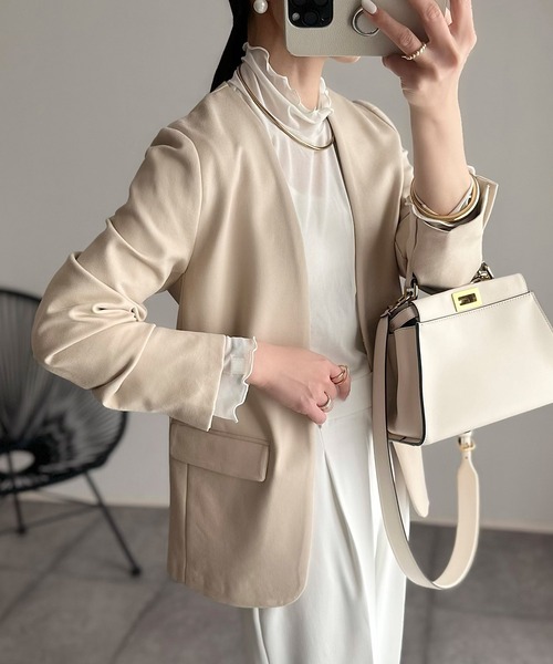 セール】ポンチVネックノーカラージャケット（テーラードジャケット