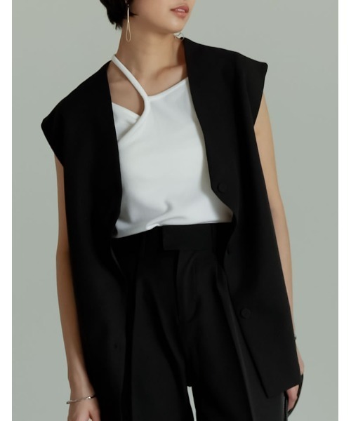 Re:EDIT（リエディ）の「カップ付きアシンメトリーリブキャミソール（キャミソール・レディース・モカ/ブラック/オフホワイト/グリーン・LARGE/SMALL/MEDIUM）」の2枚目の写真