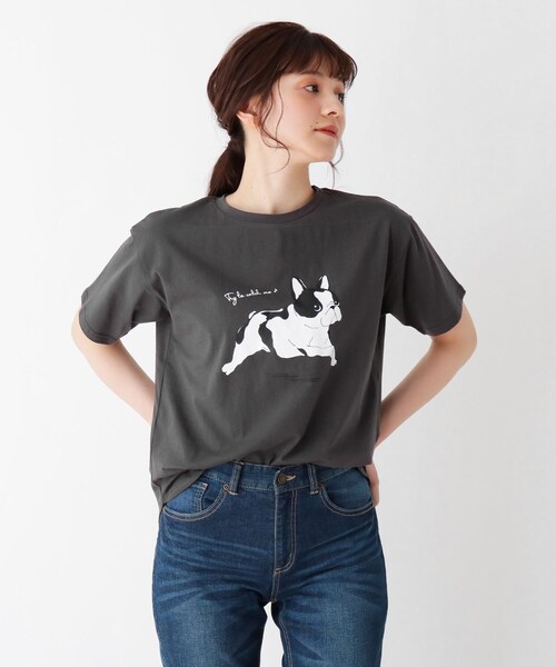 Cutie Blonde（キューティーブロンド）の「◆【S-L】わんこTシャツ（Tシャツ/カットソー・レディース・チャコールグレー/オフホワイト/マスタード/ベージュ・01/02/03）」の2枚目の写真