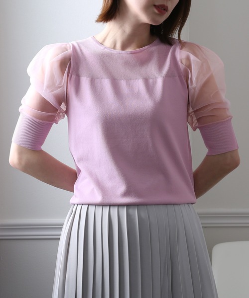 ElegChic(エレグシック)の「チュール パフスリーブニットトップス(Tシャツ/カットソー・レディース・ブラック/パープル/オフホワイト/ミント/ブルーグレー/ラベンダー・FREE)」の6枚目の写真