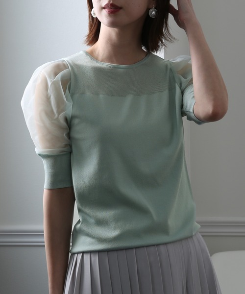 ElegChic(エレグシック)の「チュール パフスリーブニットトップス(Tシャツ/カットソー・レディース・ブラック/パープル/オフホワイト/ミント/ブルーグレー/ラベンダー・FREE)」の5枚目の写真