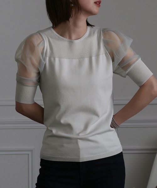 ElegChic(エレグシック)の「チュール パフスリーブニットトップス(Tシャツ/カットソー・レディース・ブラック/パープル/オフホワイト/ミント/ブルーグレー/ラベンダー・FREE)」の4枚目の写真