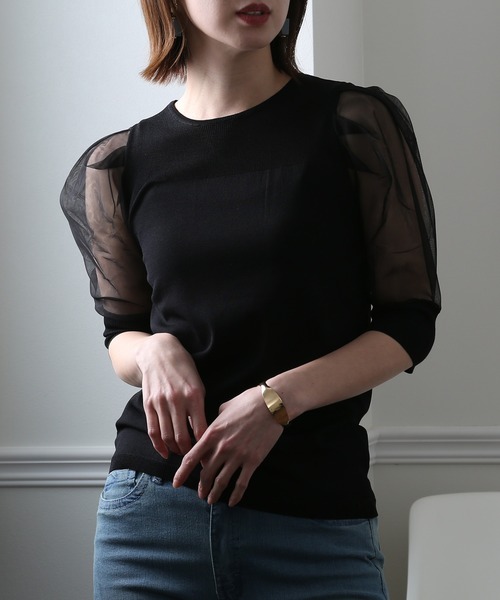ElegChic(エレグシック)の「チュール パフスリーブニットトップス(Tシャツ/カットソー・レディース・ブラック/パープル/オフホワイト/ミント/ブルーグレー/ラベンダー・FREE)」の3枚目の写真