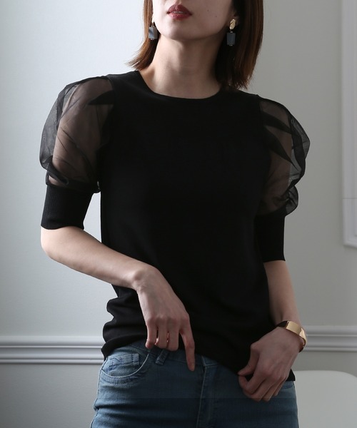 ElegChic(エレグシック)の「チュール パフスリーブニットトップス(Tシャツ/カットソー・レディース・ブラック/パープル/オフホワイト/ミント/ブルーグレー/ラベンダー・FREE)」の7枚目の写真