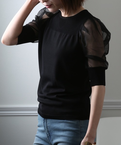 ElegChic(エレグシック)の「チュール パフスリーブニットトップス(Tシャツ/カットソー・レディース・ブラック/パープル/オフホワイト/ミント/ブルーグレー/ラベンダー・FREE)」の8枚目の写真
