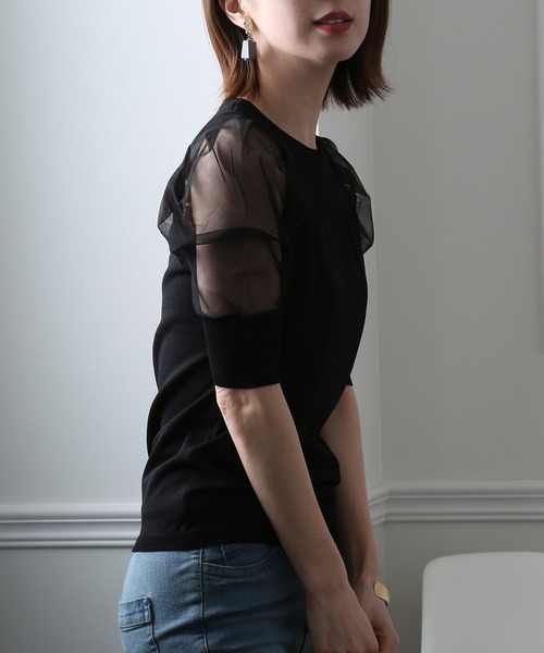 ElegChic(エレグシック)の「チュール パフスリーブニットトップス(Tシャツ/カットソー・レディース・ブラック/パープル/オフホワイト/ミント/ブルーグレー/ラベンダー・FREE)」の9枚目の写真