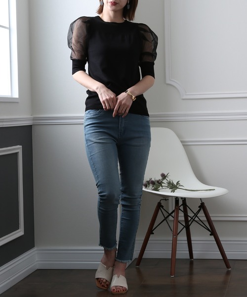 ElegChic(エレグシック)の「チュール パフスリーブニットトップス(Tシャツ/カットソー・レディース・ブラック/パープル/オフホワイト/ミント/ブルーグレー/ラベンダー・FREE)」の10枚目の写真