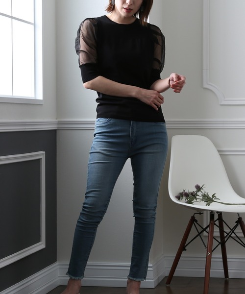ElegChic(エレグシック)の「チュール パフスリーブニットトップス(Tシャツ/カットソー・レディース・ブラック/パープル/オフホワイト/ミント/ブルーグレー/ラベンダー・FREE)」の11枚目の写真