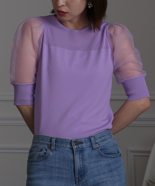 ElegChic(エレグシック)の「チュール パフスリーブニットトップス(Tシャツ/カットソー・レディース・ブラック/パープル/オフホワイト/ミント/ブルーグレー/ラベンダー・FREE)」の12枚目の写真