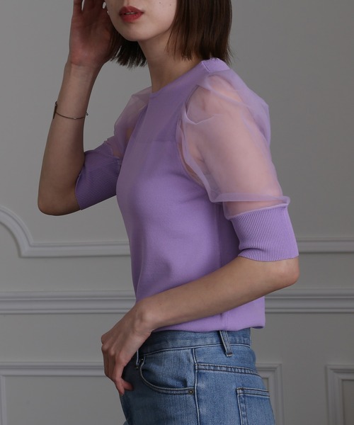 ElegChic(エレグシック)の「チュール パフスリーブニットトップス(Tシャツ/カットソー・レディース・ブラック/パープル/オフホワイト/ミント/ブルーグレー/ラベンダー・FREE)」の13枚目の写真