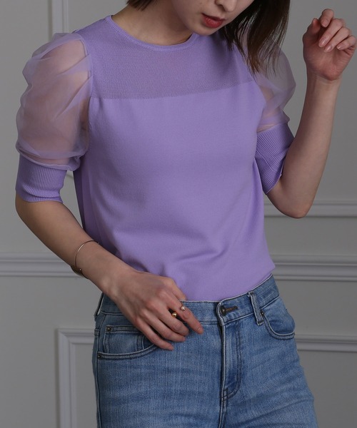 ElegChic(エレグシック)の「チュール パフスリーブニットトップス(Tシャツ/カットソー・レディース・ブラック/パープル/オフホワイト/ミント/ブルーグレー/ラベンダー・FREE)」の14枚目の写真