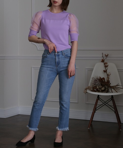 ElegChic(エレグシック)の「チュール パフスリーブニットトップス(Tシャツ/カットソー・レディース・ブラック/パープル/オフホワイト/ミント/ブルーグレー/ラベンダー・FREE)」の15枚目の写真