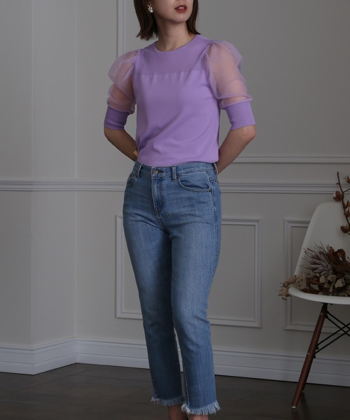 ElegChic(エレグシック)の「チュール パフスリーブニットトップス(Tシャツ/カットソー・レディース・ブラック/パープル/オフホワイト/ミント/ブルーグレー/ラベンダー・FREE)」の16枚目の写真