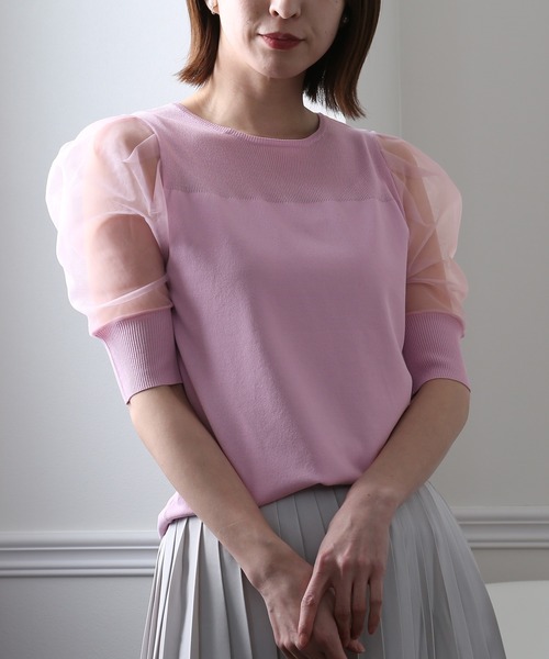 ElegChic(エレグシック)の「チュール パフスリーブニットトップス(Tシャツ/カットソー・レディース・ブラック/パープル/オフホワイト/ミント/ブルーグレー/ラベンダー・FREE)」の17枚目の写真