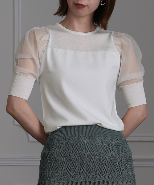 ElegChic(エレグシック)の「チュール パフスリーブニットトップス(Tシャツ/カットソー・レディース・ブラック/パープル/オフホワイト/ミント/ブルーグレー/ラベンダー・FREE)」の22枚目の写真