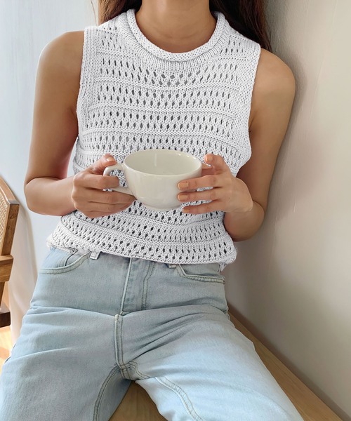 me+em select（ミームセレクト）の「ノースリコットンカラーニット（ベスト・レディース・アイボリー/ブラック/ピンク/ミント・FREE）」の5枚目の写真