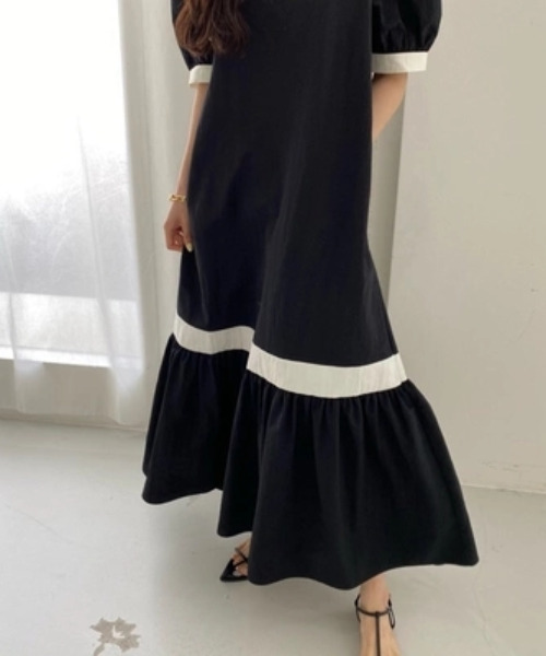 ワンピーススクエアネック配色ラインロングワンピース ワンピース Emi エミプラス のファッション