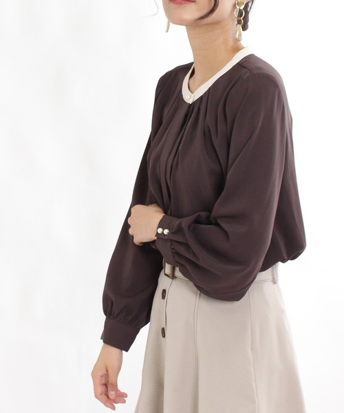 TRUDEA（トルディア）の「バンドカラー配色2WAYブラウス（シャツ/ブラウス・レディース・ホワイト/ベージュ/ブラウン/オレンジ/ピンクベージュ/ミント/ラベンダー/ネイビー・SMALL/MEDIUM/LARGE）」の11枚目の写真