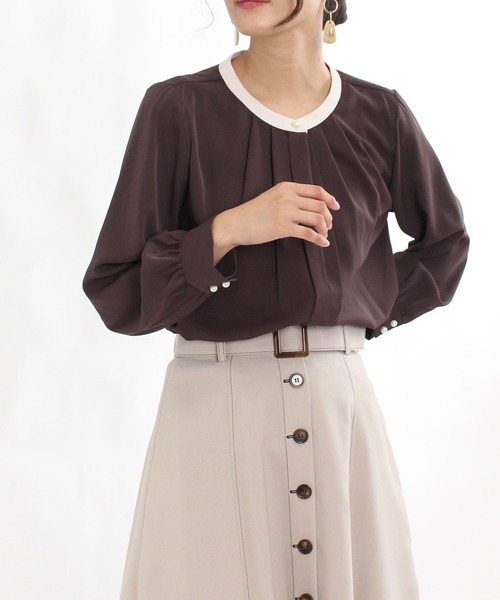 TRUDEA（トルディア）の「バンドカラー配色2WAYブラウス（シャツ/ブラウス・レディース・ホワイト/ベージュ/ブラウン/オレンジ/ピンクベージュ/ミント/ラベンダー/ネイビー・SMALL/MEDIUM/LARGE）」の19枚目の写真