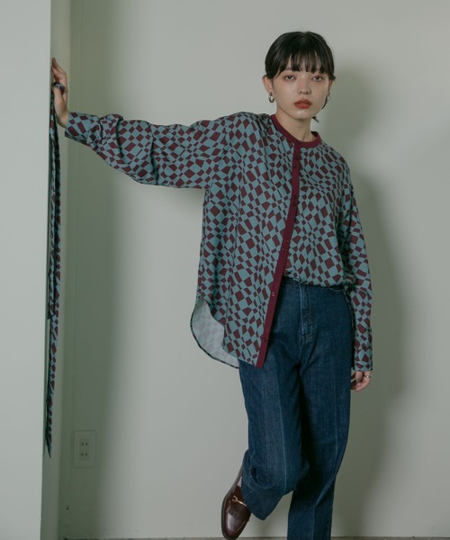 Eimee Law（エイミーロウ）の「タイ付きダイヤジオメ柄BL（シャツ/ブラウス・レディース・ブラウン/ミント・38）」の15枚目の写真