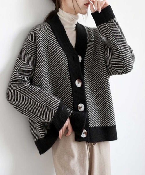 LUGG NAGG（ラグナグ）の「ヘリンボーンジャガード柄カーディガン（カーディガン/ボレロ・レディース・ブラック/ベージュ/ブラック系その他・M）」の7枚目の写真