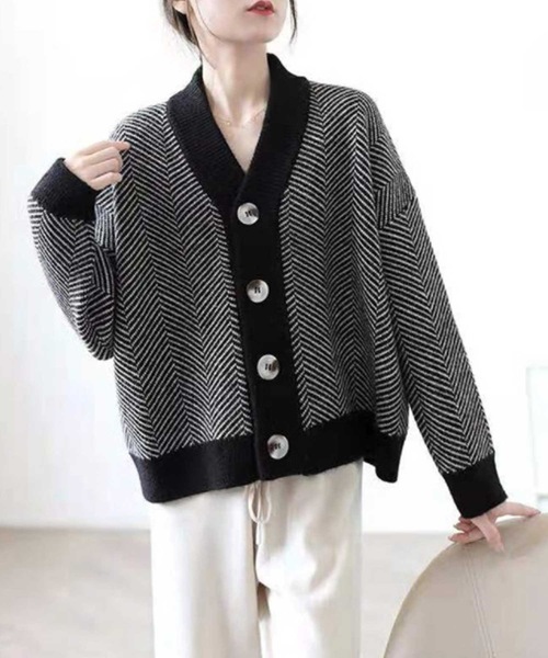 LUGG NAGG（ラグナグ）の「ヘリンボーンジャガード柄カーディガン（カーディガン/ボレロ・レディース・ブラック/ベージュ/ブラック系その他・M）」の4枚目の写真