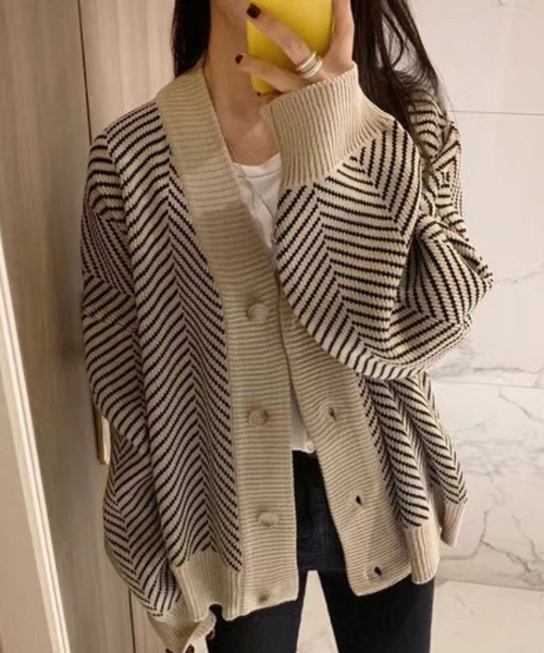 LUGG NAGG（ラグナグ）の「ヘリンボーンジャガード柄カーディガン（カーディガン/ボレロ・レディース・ブラック/ベージュ/ブラック系その他・M）」の6枚目の写真