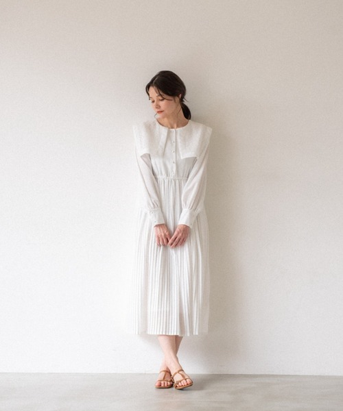 ワンピース Orgue Polo collar knit one-piece (ivory) シアー ラッフルフリル Vラインネック ニット ワンピース le