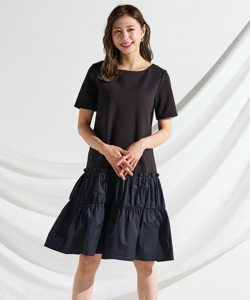 異素材切り替えワンピース 洗濯機で洗える ワンピース ワンピース Queens Court Queens Court クイーンズ