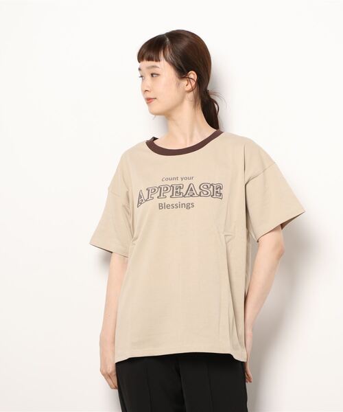 Samansa Mos2（サマンサ モスモス）の「発泡ロゴプリントリンガーTシャツ（Tシャツ/カットソー・レディース・ベージュ/オフホワイト/ブルー/グリーン・ﾌﾘ-）」の3枚目の写真