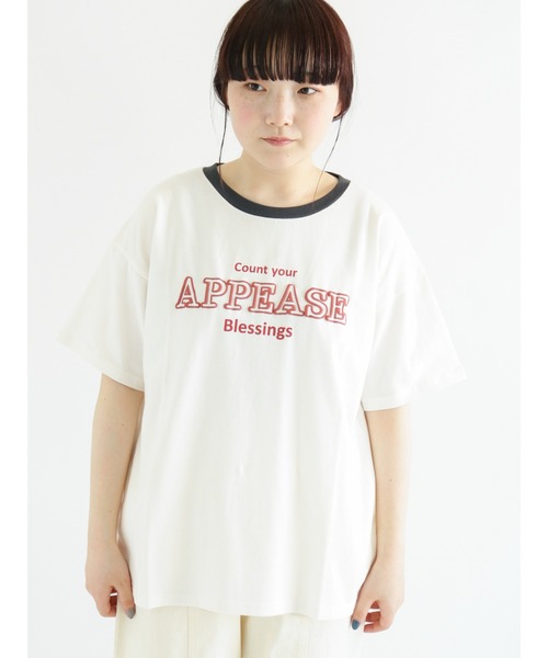 Samansa Mos2（サマンサ モスモス）の「発泡ロゴプリントリンガーTシャツ（Tシャツ/カットソー・レディース・ベージュ/オフホワイト/ブルー/グリーン・ﾌﾘ-）」の2枚目の写真