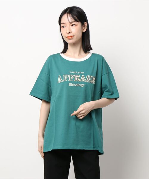 Samansa Mos2（サマンサ モスモス）の「発泡ロゴプリントリンガーTシャツ（Tシャツ/カットソー・レディース・ベージュ/オフホワイト/ブルー/グリーン・ﾌﾘ-）」の9枚目の写真