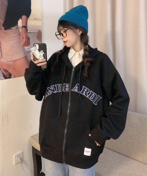 yuue' ( wear )(ユーイ)の「韓国風ビッグシルエット オーバーサイズ ジップアップ パーカー(パーカー・レディース・ブラック/グレー・M/L/XL)」の21枚目の写真