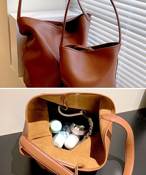 レザー バケツ型ショルダーバッグ ブラウン GIRL｜ラウンドカットフェイクレザーバケツ型2wayショルダー
