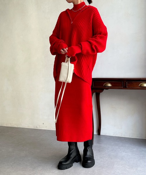 DouDou(ドゥドゥ)の「ハーフジッププルオーバー+ニットワンピースセット(ワンピース・レディース・レッド/ベージュ/ブラック・FREE)」の3枚目の写真