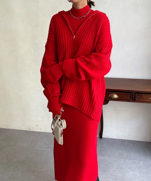 DouDou(ドゥドゥ)の「ハーフジッププルオーバー+ニットワンピースセット(ワンピース・レディース・レッド/ベージュ/ブラック・FREE)」の11枚目の写真