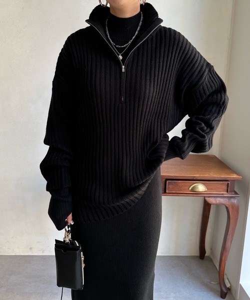 DouDou(ドゥドゥ)の「ハーフジッププルオーバー+ニットワンピースセット(ワンピース・レディース・レッド/ベージュ/ブラック・FREE)」の5枚目の写真